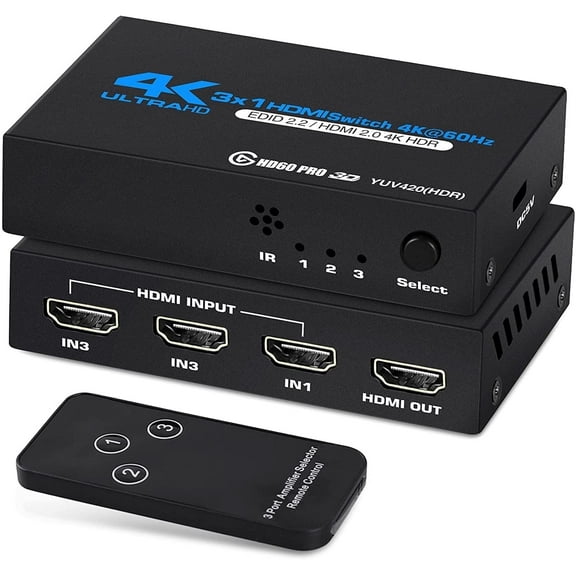 4K@60Hz HDMI Switch, AUBEAMTO HDMI Switch 3 in 1 Out with Remote Control, 3-Port HDMI Switcher Selector, Supports 4K, 3D, HDCP2.2, HDMI2.0, HDR, for HDTV, PS4/5, Game Consoles, PC