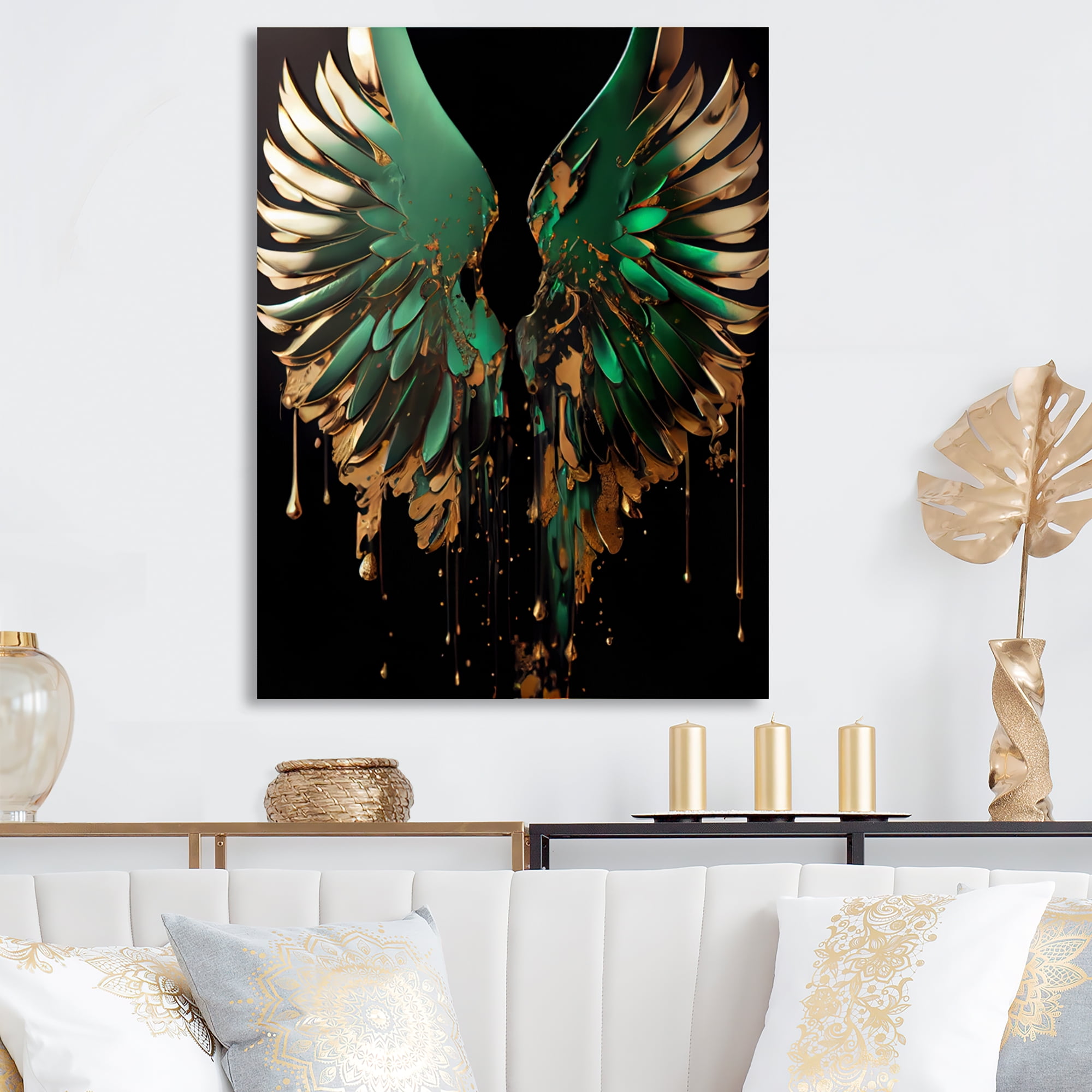 Designart Green And Gold Angel Wings II Canvas Wall Art