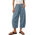 thumbnail image 3 of Women's Linen Wide Leg Barrel Capri Pants, Elastic High Waist Loose Cropped Trousers with Pockets, Breathable Summer Casual 7/8 Length Pants for Vacation Daily Office Wear Light Blue M, 3 of 8