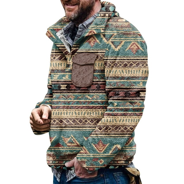 VBARHMQRT Chandail en Molleton d'Automne pour Hommes, Manches Longues, Flanelle, Style Ethnique Rétro, Imprimé, Sans Capuche, avec Boutons et Poches