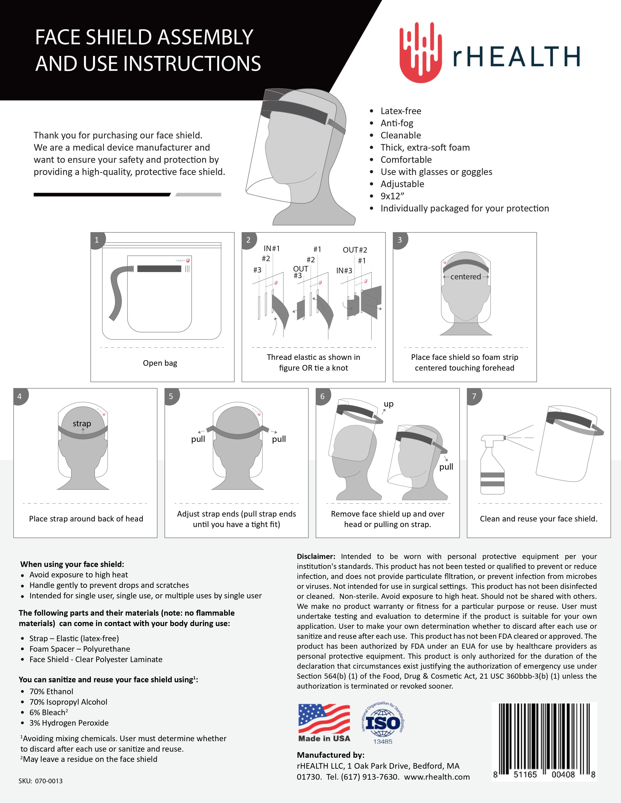 rHEALTH Face Shield, 15 Pack | Made in USA! | Reusable | Extra Soft Foam | Lightweight Comfort | Adjustable| Use with Goggles or Glasses | Anti-Fogging