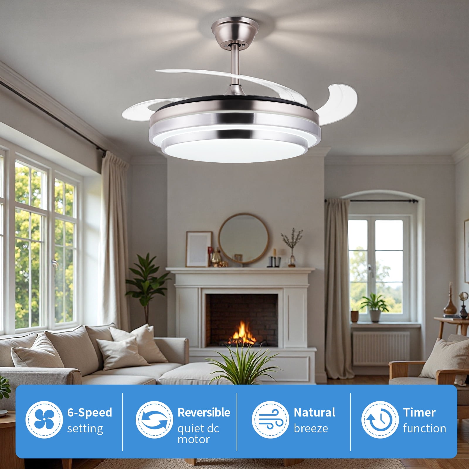 Smart Retractable Ceiling Fan with Light, 42 Inch Fandelier Remote Control, 3 Color Temperature Dimmable LED, 6 Speed Quiet Reversible DC Motor for Bedroom Living Room Kitchen