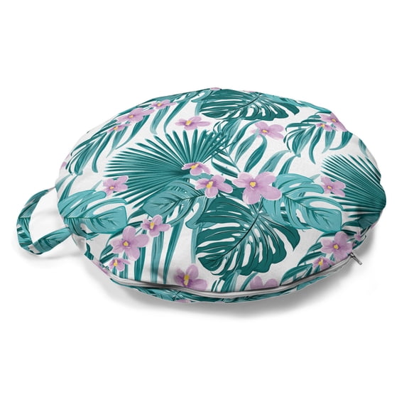Tropical Round Floor Cushion with Handle, Continued Layout of Palm Leaves Jungle Coconut Monstera Summer Art, Decorative Pillow for Living Room & Dorms, 18" Round, Dark Teal and Purple, by Ambesonne