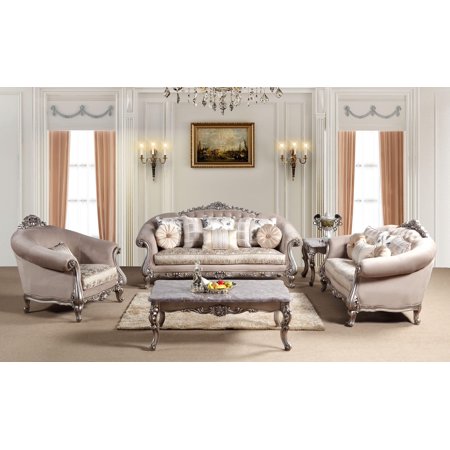 Beige Fabric & Silver Finish Sofa Set 3Pc Traditional Cosmos Furniture Cristina