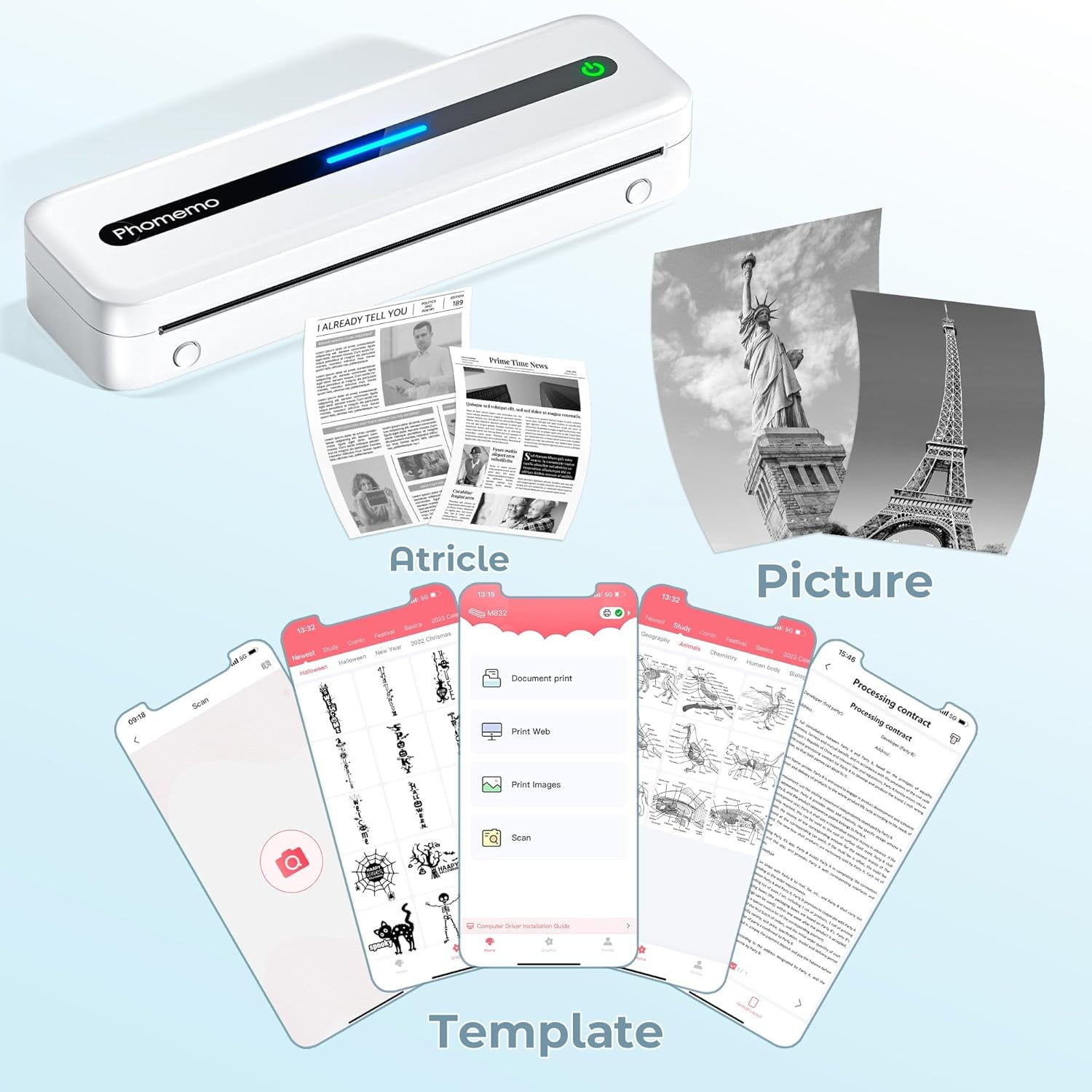 Portable Printers Wireless, M832 Bluetooth Thermal Printer, Inkless Mobile Printer Support 8.5'' x 11'' & A4 Thermal Paper, Compatible with iPhone Android Laptop for Office Car Home