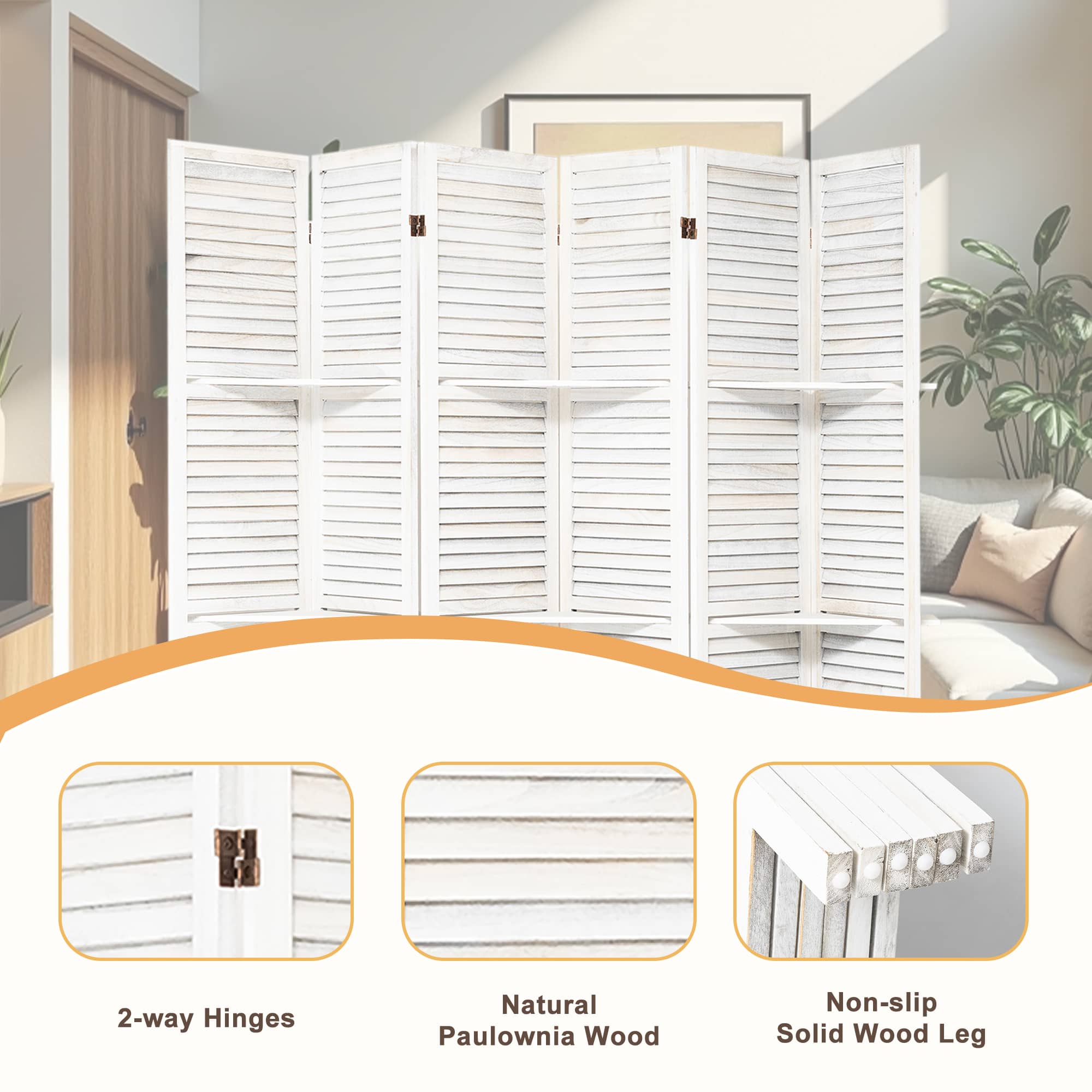 MAYEERTY 6 Panel Room Divider with Display Shelves, Freestanding Wood Privacy Screen, White