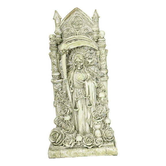 Santa Muerte Holy Death Bone Mother Standing by Skulls Roses Graveyard Statue