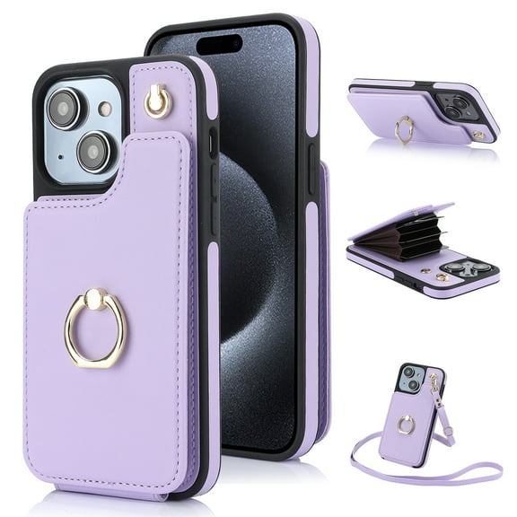 SaniMore for iPhone 15 Case, Luxury PU Leather Card Holders Flip Kickstand Metal Finger Ring Shockproof Drop Resistant Crossbody Lanyard for Girls Women Stylish Accordion Design, Lightpurple