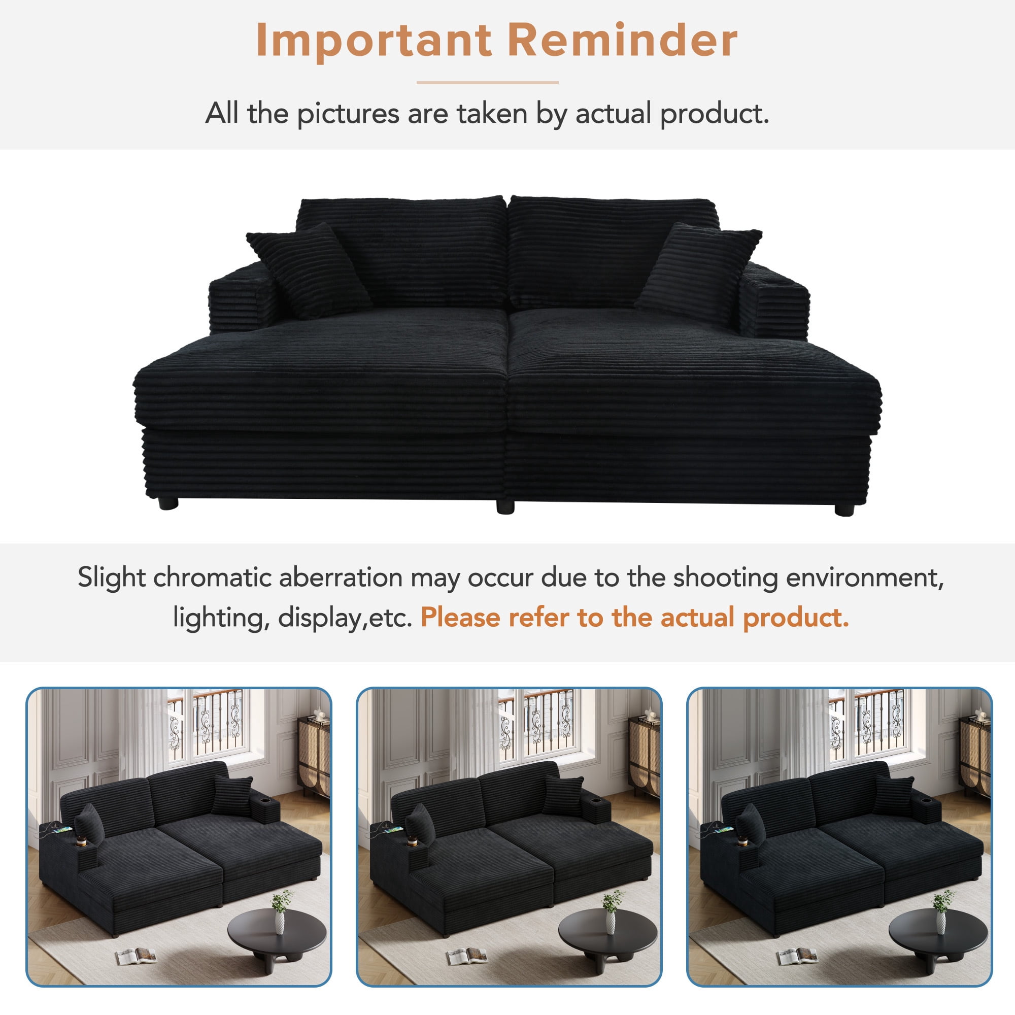 Aukfa 87" Double Chaise Oversized Sofa Bed with USB Ports&Cup Holder for Living Room, 2 Pillows, Corduroy, Black