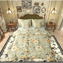 Manfei Western Floral Flower Bedding Comforter Set 7-Piece, Vintage French Style King Bedding Sets, Rustic Butterfly Animal Reversible Bed Sheets, Ultra Soft Home Decor