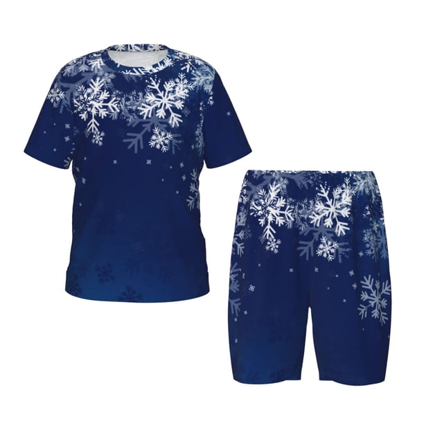 Balery Christmas Blue Conjunto de Pijama Infantil de Manga Corta con Estampado – Ropa de Dormir de Algodón Suave-Large