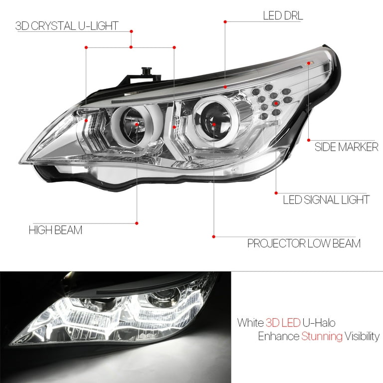 Chrome Dual [3D HALO] Projector Headlight LED Signal for 04-07 BMW E60  5-Series 05 06 Fits select: 2004-2007 BMW 530, 2004-2007 BMW 525