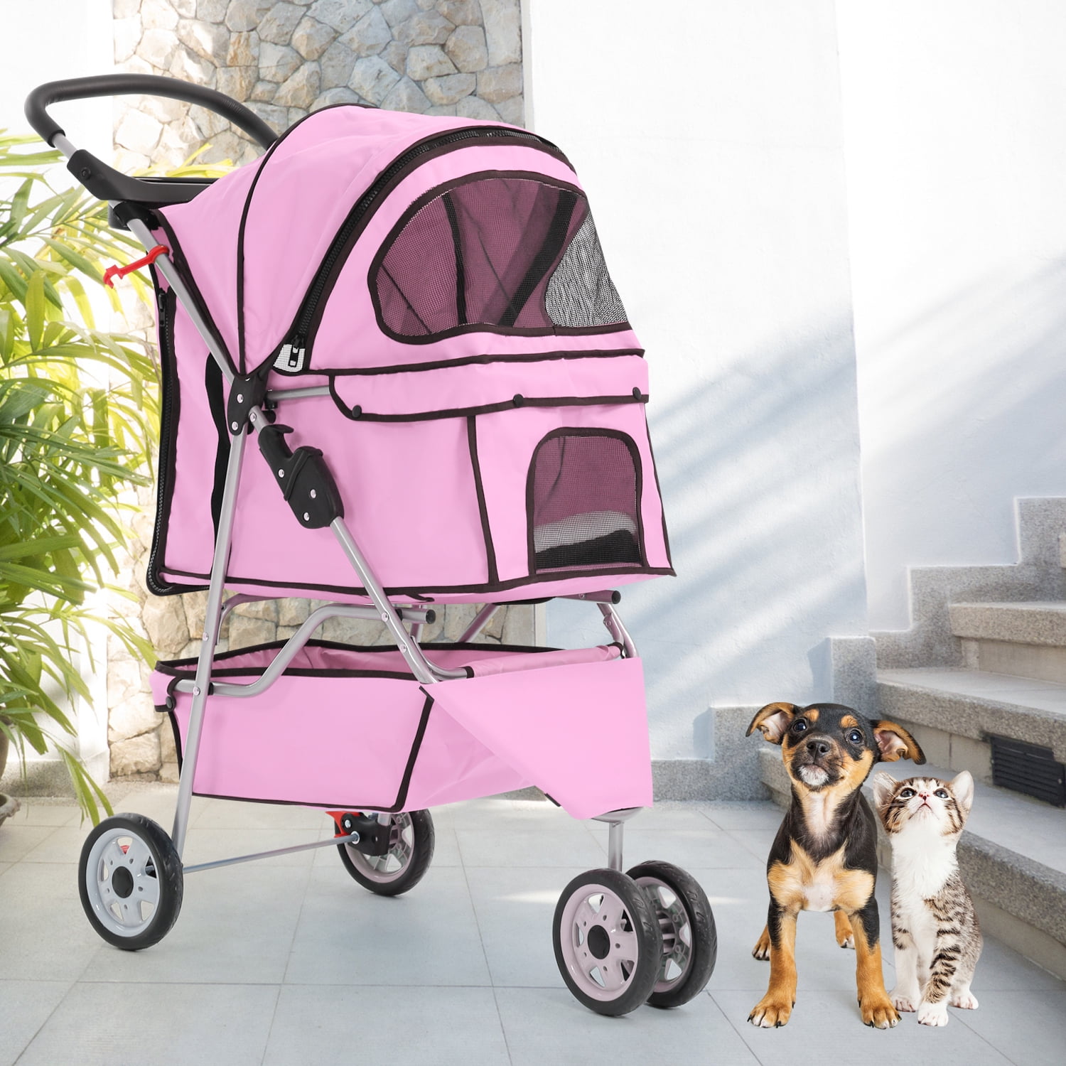 NiamVelo 3 Wheels Pet Stroller Dog Cat Stroller Travel Folding Carrier with Cup Holder & Storage