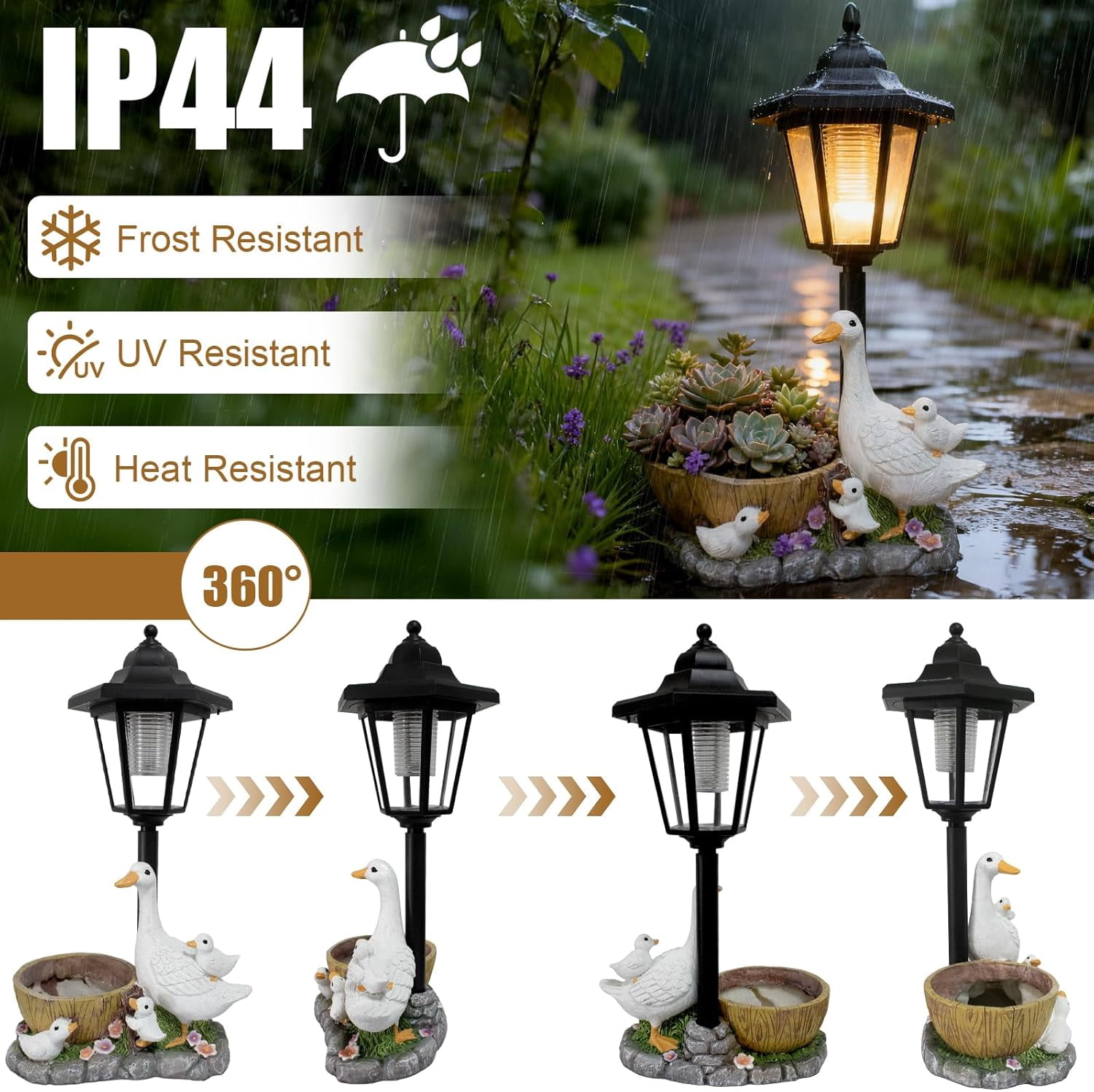 Fountwell Garden Duck Statues with Solar Lantern Flowerpot, Resin Duck Figurines Outdoor Decor – Patio Lawn Backyard Porch Ornaments, Unique Housewarming Birthday Gift for Women Mom