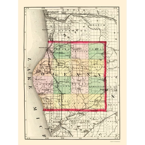 Historic County Map - Oceana County Michigan - Walling 1873 - 23 x 30.66 - Vintage Wall Art