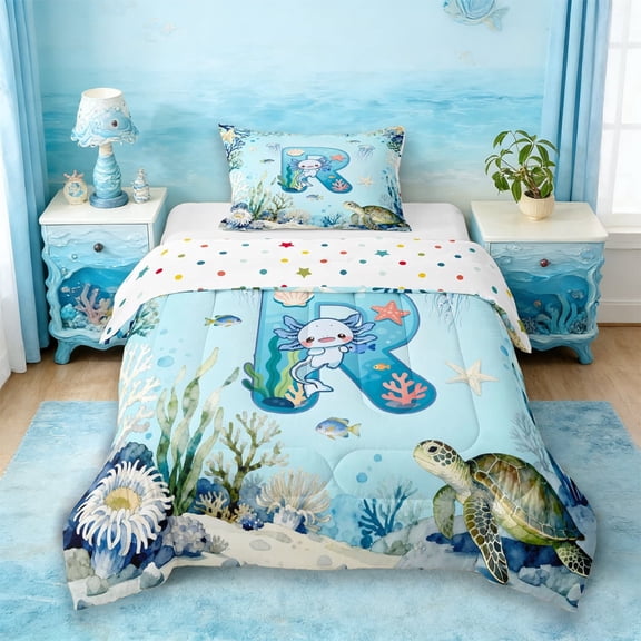 Erosebridal Watercolor Ocean Coral Twin Comforter Sets For Boys,Cute Axolotl Letter R Monogrammed Kids Bedding Set,Reversible 2pcs