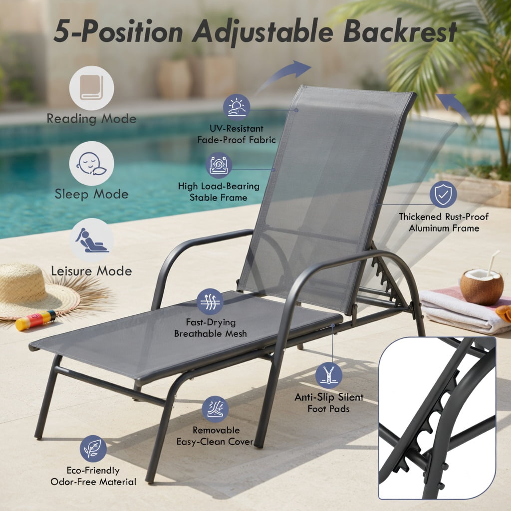 Hommoo 2-Pack Adjustable Outdoor Chaise Lounge Chairs Patio Recliners with 5-Position Backrest & Powder-Coated Steel Frame, Dark Gray