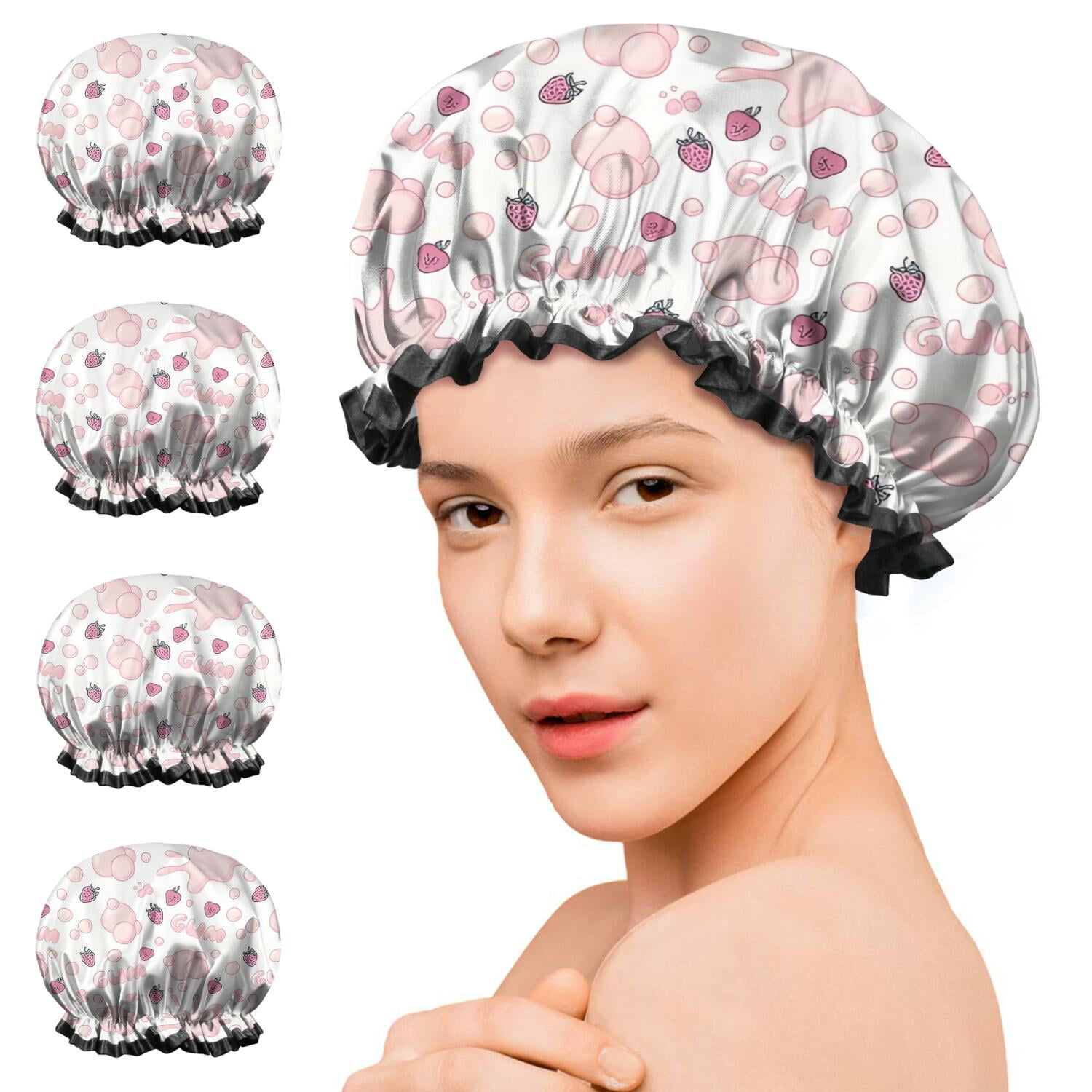 Shower Caps,Red Strawberry Plants Gum White Pattern Waterproof Shower Cap for Women 4 Pieces,Double Reusable Hair Cover for Shower PEVA Elastic Stretch Hem