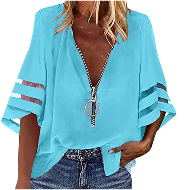 Fiudx Liquidación de Ahorros de Verano Camisa Casual con Cremallera de Color Sólido para Mujer Blusa con Mangas de Media Trompeta