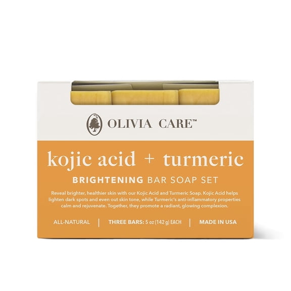 Olivia Care Kojic Acid & Turmeric Brightening Bar Soap, Helps Improve Appearance of Dark Spots & Uneven Skin Tone, Facial & Body Cleanser, 5 oz Bars, 3-Pack