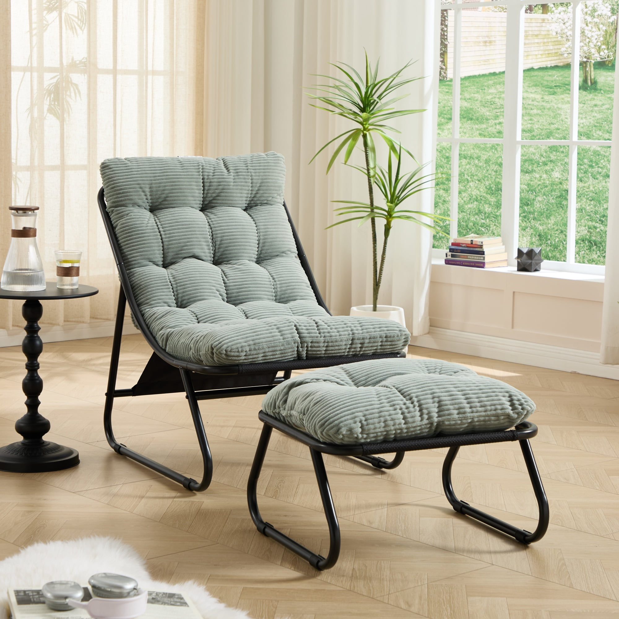 Outdoor Lounge Chair with Ottoman, Patio Sling Recliner with Puffy Cushion, Comfy Chaise Lounge with Foot Stool for Patio, Pool, Backyard, Black/Light Green