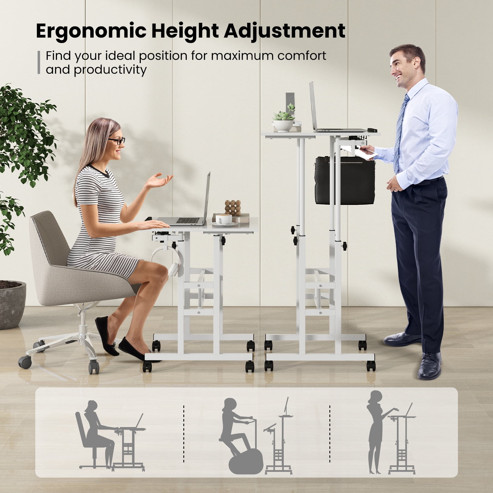 Giantex Mobile Standing Desk, Height Adjustable Sit to Stand Desk, Portable Laptop Desk, 2-Tier Computer Workstation for Home Office, White