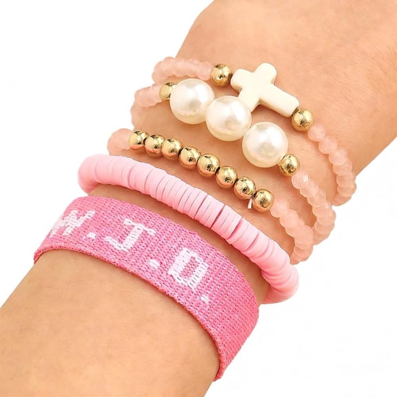WWJD Multi-Layer Bracelet Set for Women, Faith Cross & Virgin Mary Pendant Beaded Wristbands, Bohemian Stackable Jewelry with Pearl & Clay Beads, Christian Easter Gift