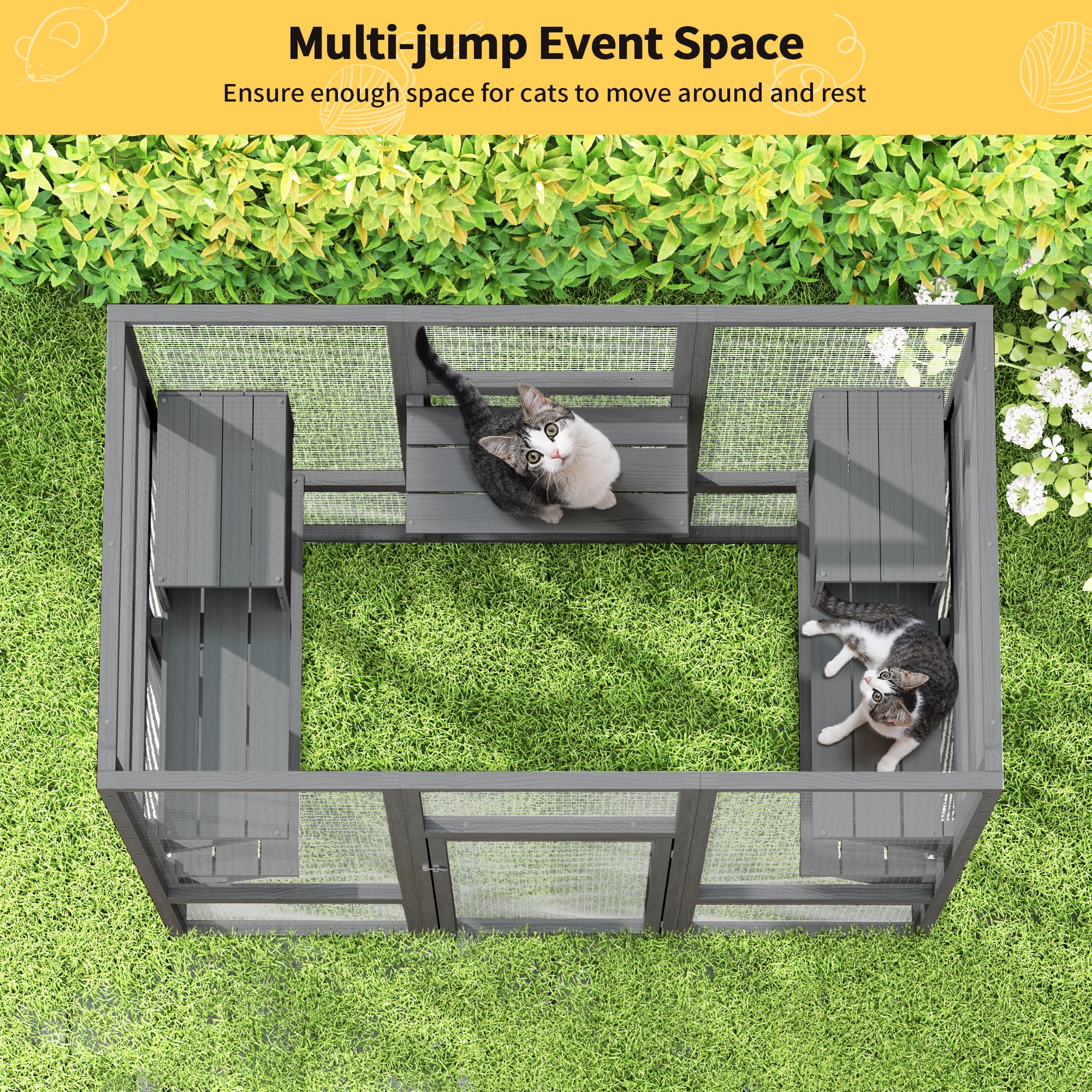 Coziwow Large Wooden Cat House, Outdoor Cat Enclosure with Weather Protection Roof, Catio Cat Cage with 5 Platforms and 2 Caves, Gray