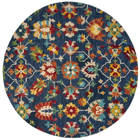 SAFAVIEH Aspen Magdalena Floral Bordered Wool Area Rug, Navy/Red, 5' x 5' Round