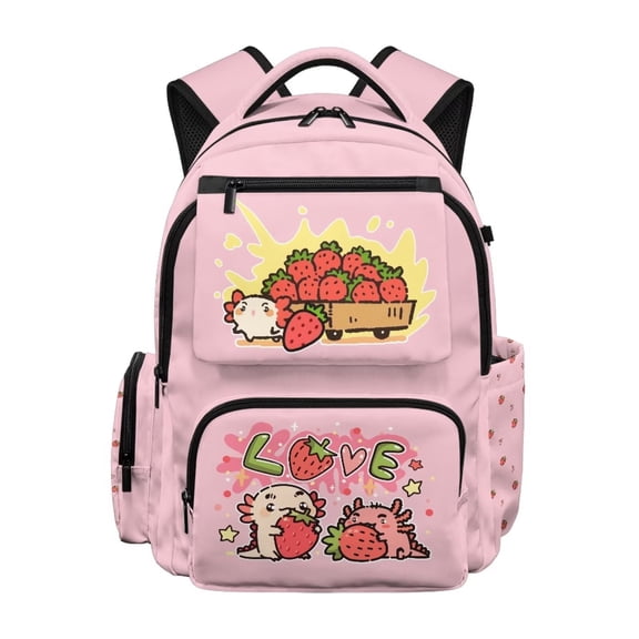 Aplkyhs Sports Backpack for Kids Teens Age 6-18 School Bookbag Durable Lightweight Water Repellent Backpack for School Sports Cute Axolotl Strawberry