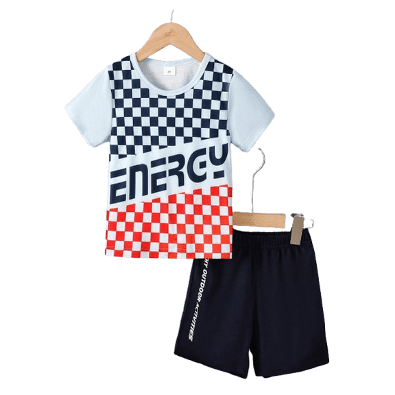 Mikrdoo Toddler Kid Boys Trucks Outfit Letter Graphics Chercker Pattern Tshirt Elastic Shorts Set 2Pcs Summer Clothes From 4-7Y