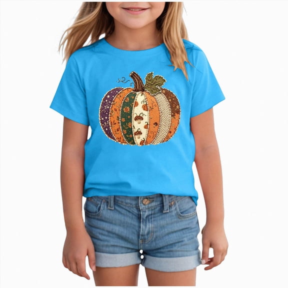 Gerichy T-Shirt for Girls Crewneck Short Sleeve Halloween Pumpkin Prints Fashion Festival Tees 12M-14T