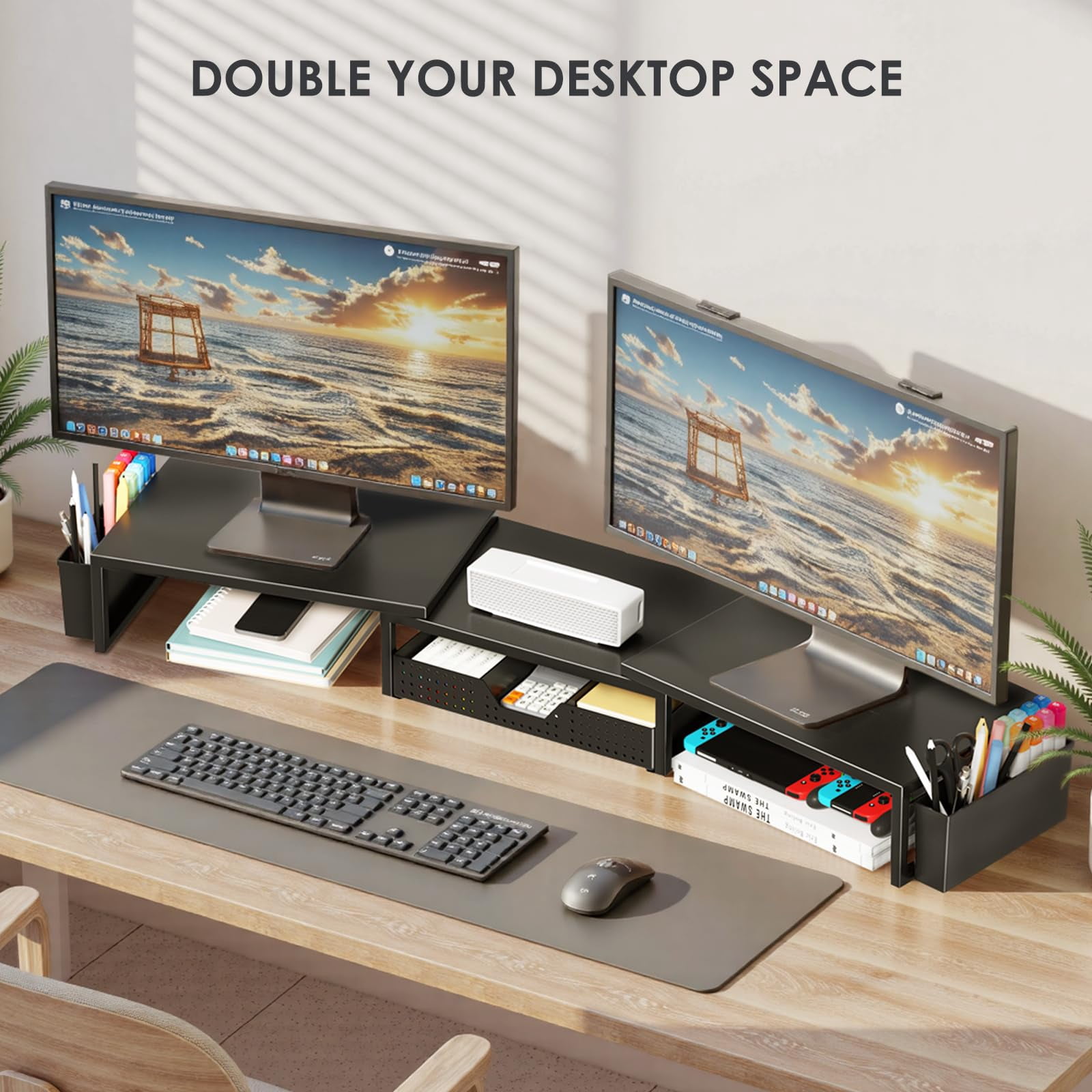Desk Organizers And Accessories  Dual Monitor Stand Riser With Drawer 2 Pen Holders Shelf Metal Computer Racks For Office Workspace Desktop Organization (black Metal)