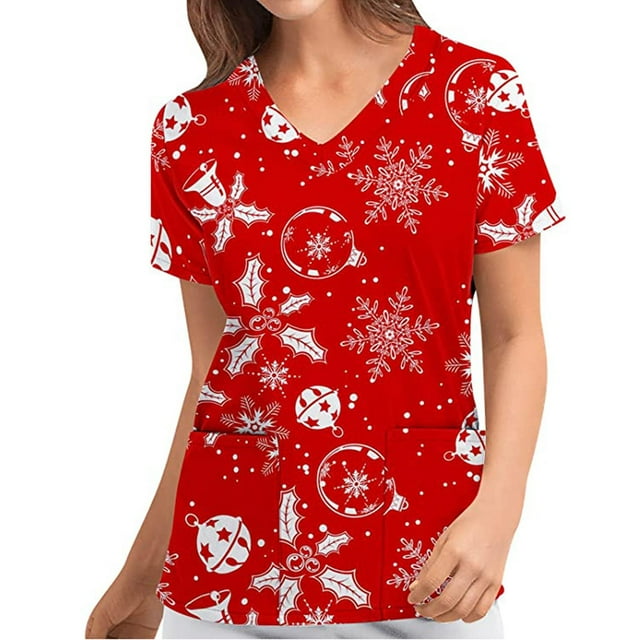 TIMIFIS Hauts de Sarrau pour Femmes Haut Cache-Cœur Imprimé de Noël pour les Fêtes, Bonhomme de Neige Manches Courtes Col en V Tunique d'Infirmière pour le Travail Blouse d'Uniforme de Travail avec Poches-Rouge - Automne/hiver