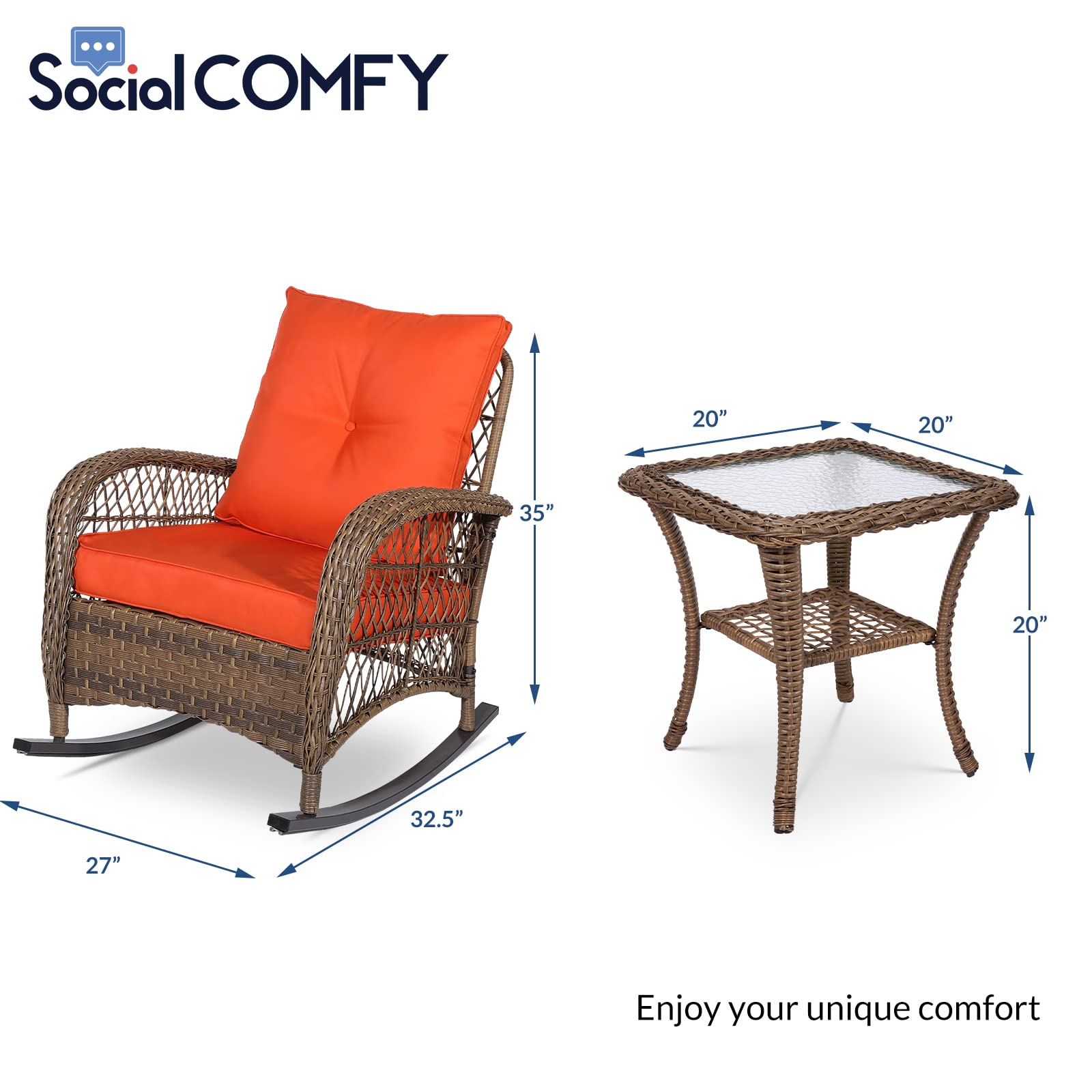 SOCIALCOMFY 3-Piece Outdoor Wicker Rocking Chair Set, Patio Bistro Conversation Sets with Cushions and Glass-Top Coffee Table, Rattan Furniture Sets for Porch & Backyard, Orange - image 4 of 7