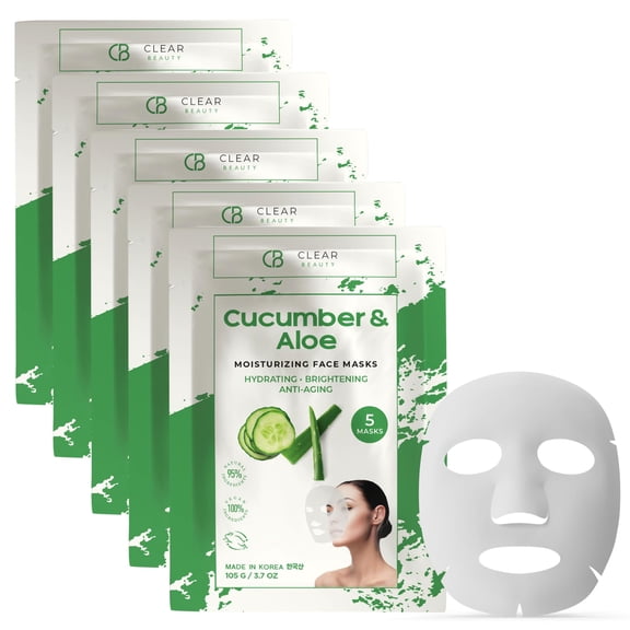 Clear Beauty Cucumber & Aloe Moisturizing Face Mask - Dermatologist Tested, Soothes Irritated Skin, Reduces Wrinkles & Fine Lines, Hydrating, Cruelty-Free Korean Skin Care - All Skin Types