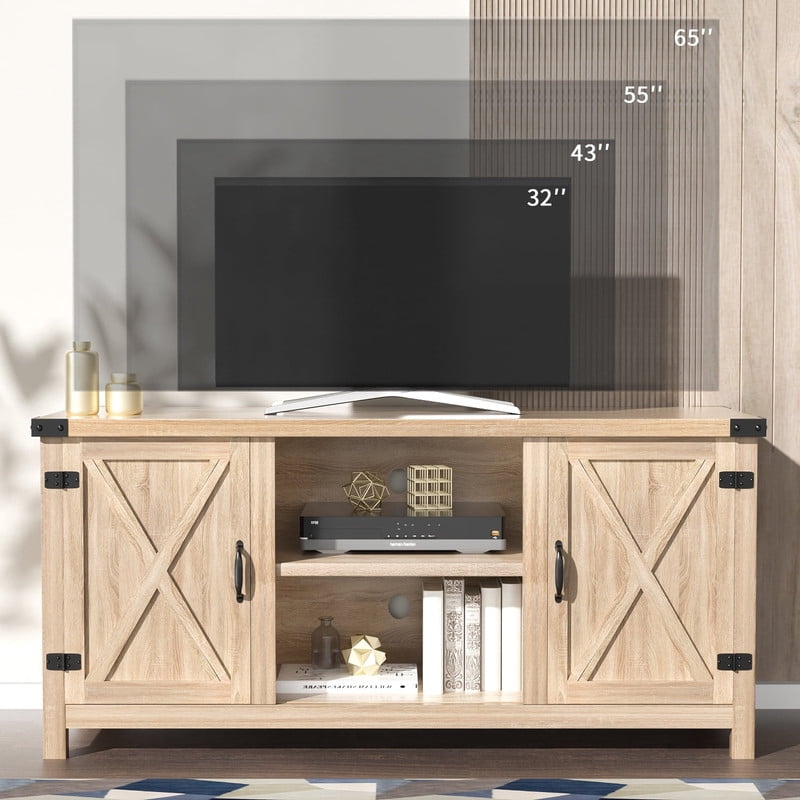 Homall Farmhouse TV Stand for 65 Inch TVs, Oak Wood Entertainment Center with Storage Cabinet & Cable Management
