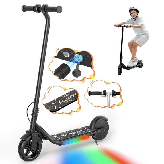 Rolldustry R2 150W Kid Electric Scooter for Age 5 and up, Max 10Mph, Magnetic Charging, 3-Color Pedal Lights, Double Brake, Anti-Slip Pedal, Black
