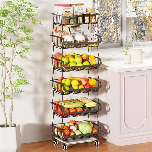 Fruteros de Cocina Modernos 6 Niveles, Carrito Organizador de Almacenamiento Cocina, Estante Organizador de Cocina, Organizador de Frutas y Verduras Metal, Frutero con Cajones y Ruedas