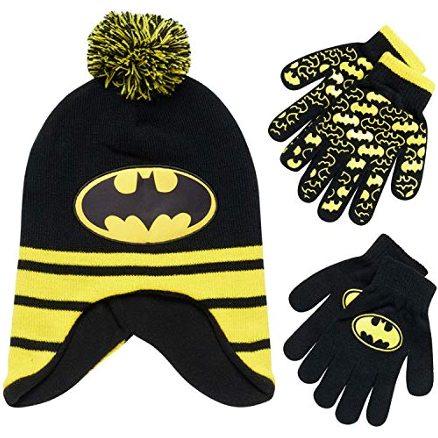 DC Comics Boys Batman Winter Hat 2 Pair Gloves or Mittens Set Toddler/Little Boys