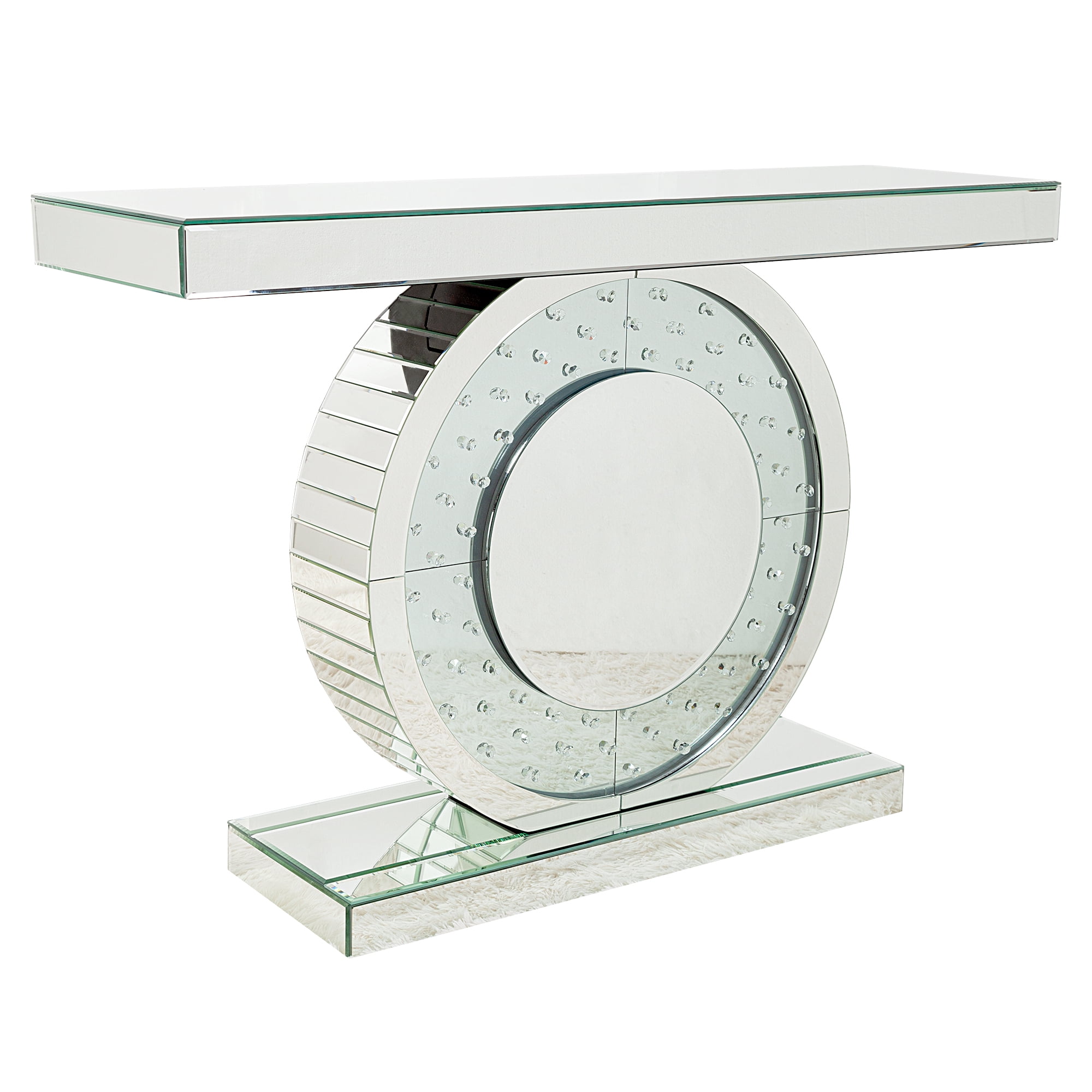 Entrance Table Silver Console Table Mirrored Accent Table with O-Base Rectangle Crystal Table for Living Room Hallway