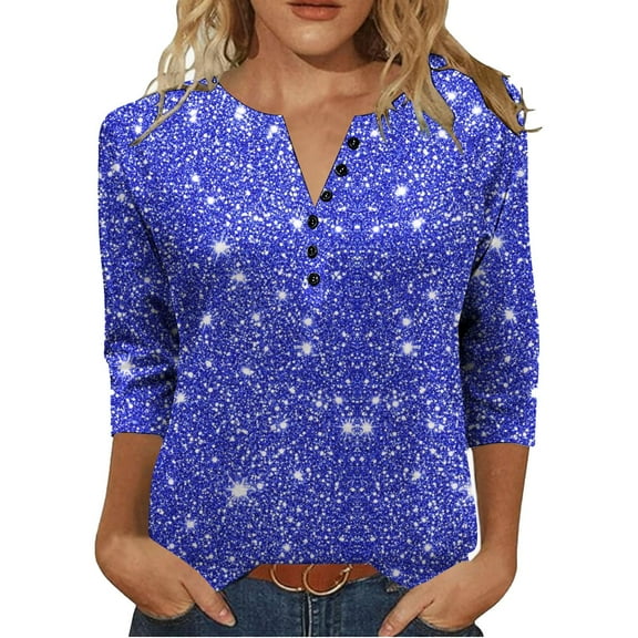 qucoqpe Sequin Tops for Women Dressy Casual Loose 3/4 Sleeve Shirts Women's Buttons V Neck Lounge Blouse