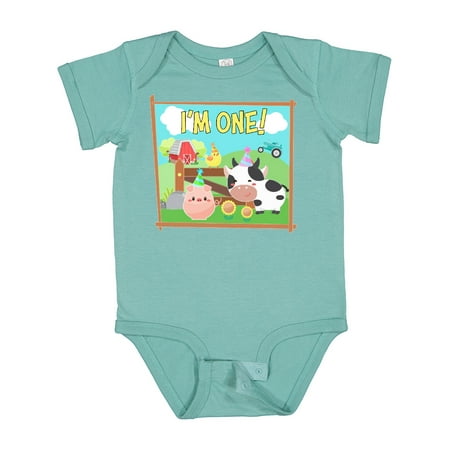 

Inktastic I m One! Farm Animals Wearing Birthday Party Hats Gift Baby Boy or Baby Girl Bodysuit
