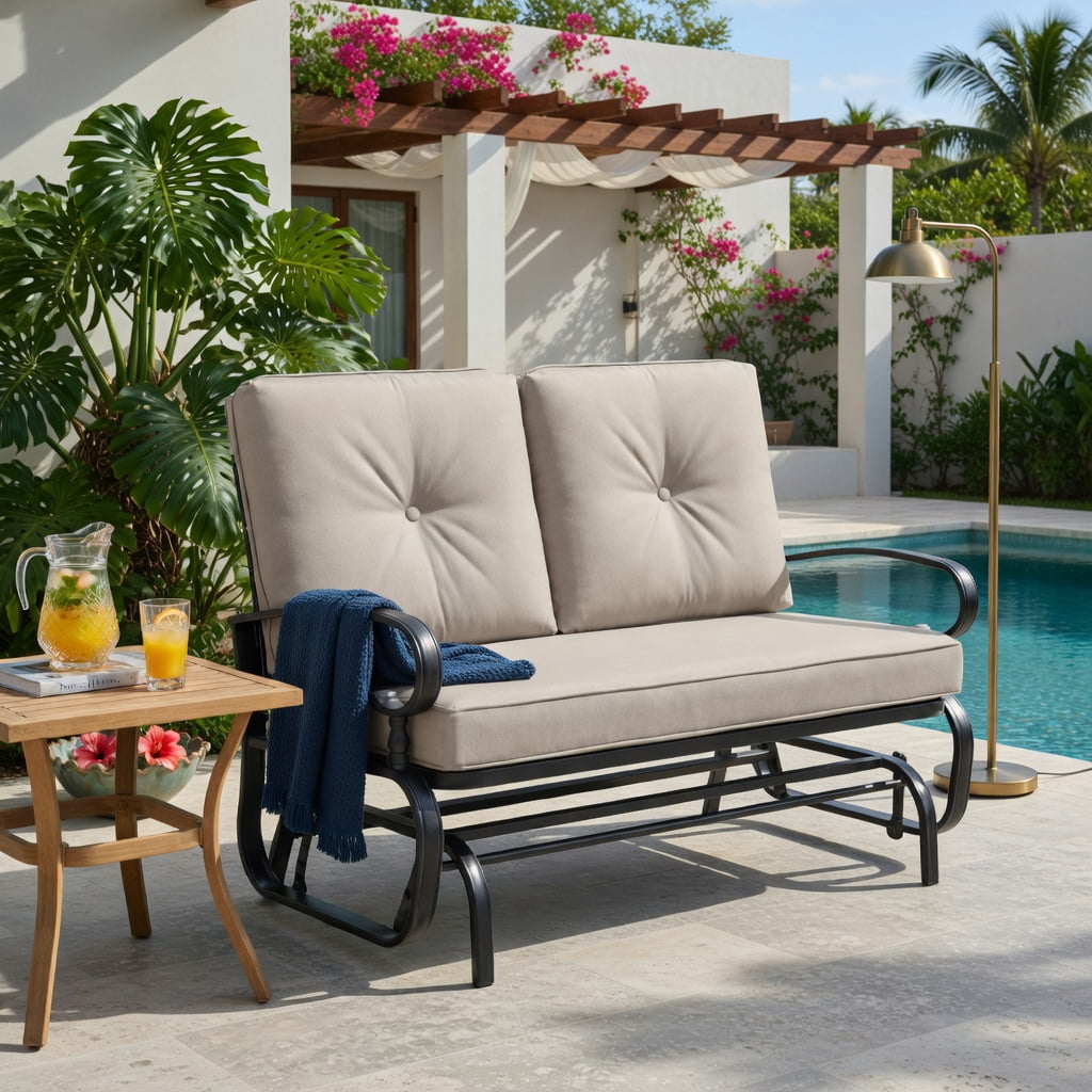 Hommoo 2-Person Outdoor Swing Glider Bench with Plush Olefin Cushions, Rust-Resistant Steel Frame Patio Loveseat for Backyard, Porch & Garden, Beige