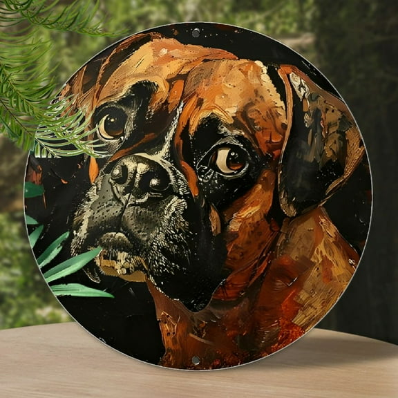 Boxer Dog Aluminum Art Sign Set - 1pc, 8" Round, UV Resistant, Waterproof, Easy to Hang Metal Wall Decor with Pre-Drilled Holes, Realistic Impasto Painting Style