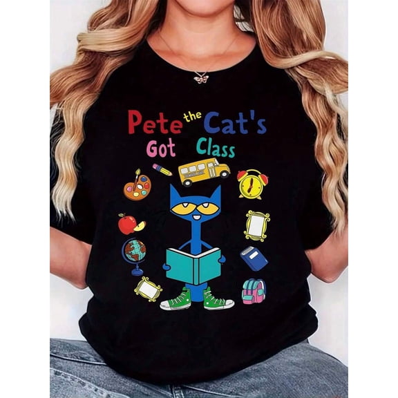 【New Arrival】Pete the Cat's Got Class Graphic T-Shirt, Teacher Back To School Crewneck Short Sleeve Tee, Casual Unisex Top