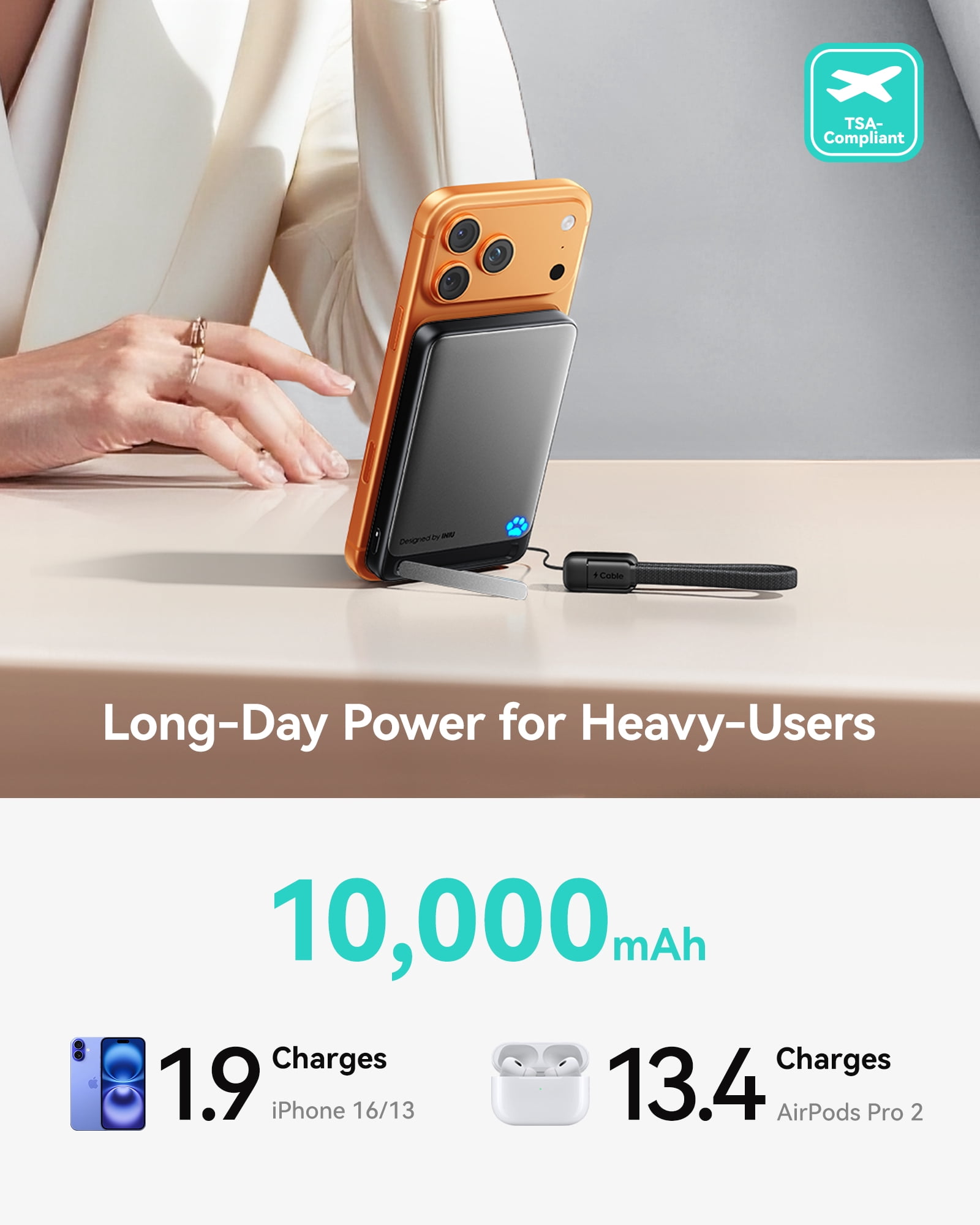 INIU Magnetic Wireless Portable Charger, 10000mAh 45W Power Bank with USB C Cable&Stand,  Qi2 Certified Battery Pack, Compatible with iPhone 17/16/15/14/13/12 Only, Black