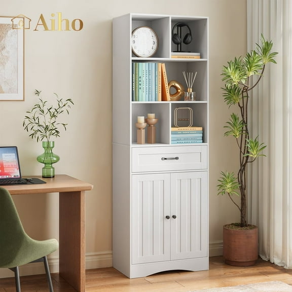 Aiho Traditional 5 Shelf Bookcase with Doors and Drawer - White