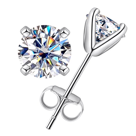 AnuClub 6.5mm Moissanite Total 2 Carat 4-Prong Stud Earrings, D Color Round Cut Lab Created Diamond 18K Gold Plated S925 Silver Earrings for Women with Certificate
