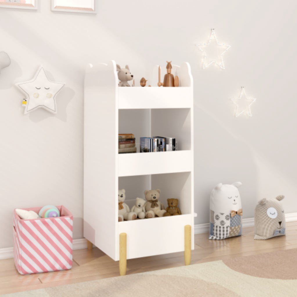 Kids Bookshelf with Chalkboard Side, Bear-Shaped Wooden Bookcase with 3-Tier Open Storage, Drawing Board & Toy Organizer for Toddler Bedroom, White